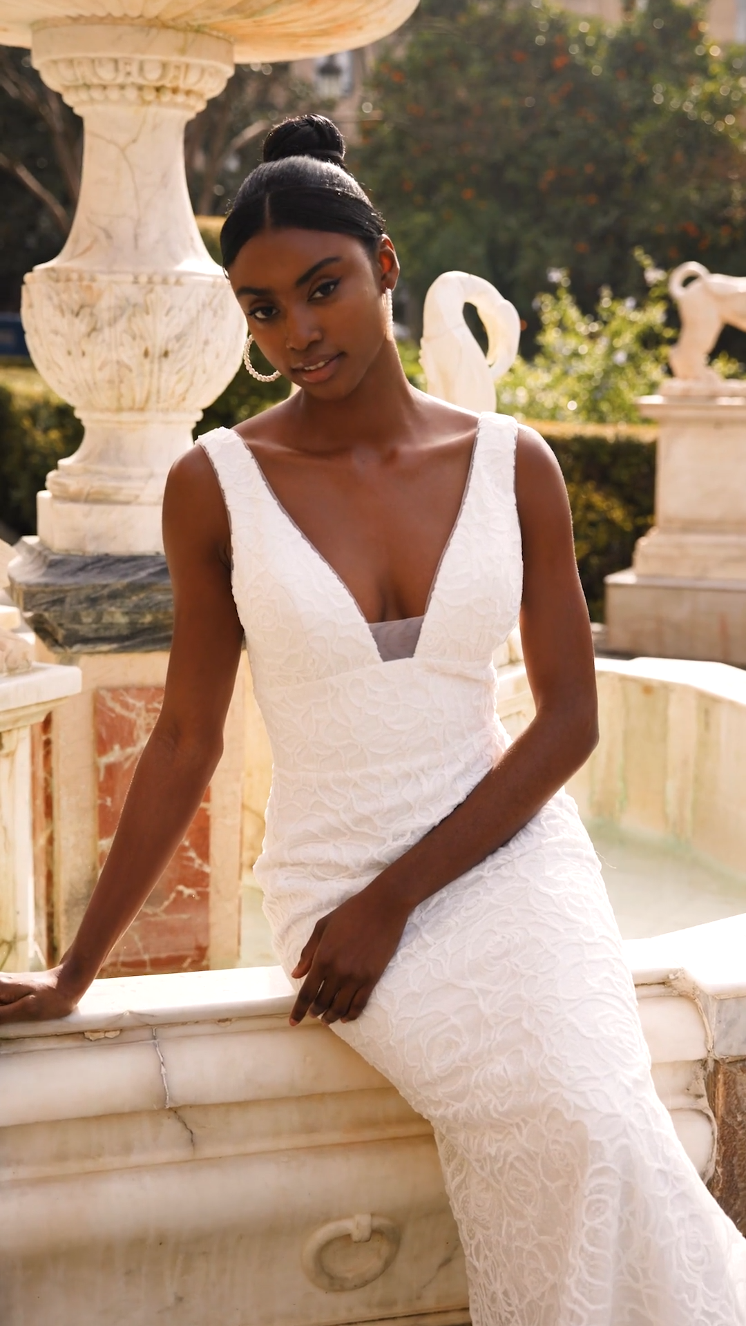 Style MARTA Chic Deep V-Neck and Deep Square Back Velvet Brocade Sequins Mermaid with Detachable Crepe Bow Train