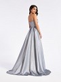 Silver long formal satin prom gown with open back and natural waistline Silver long formal satin prom gown with open back and natural waistline