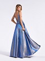 Steel blue shiny a-line formal dress with deep V-back and natural waistline Steel blue shiny a-line formal dress with deep V-back and natural waistline