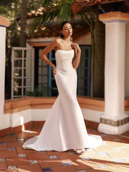 Style COLBY Strapless ruched scoop neck basque waist stretch mikado mock two-piece mermaid wedding dress