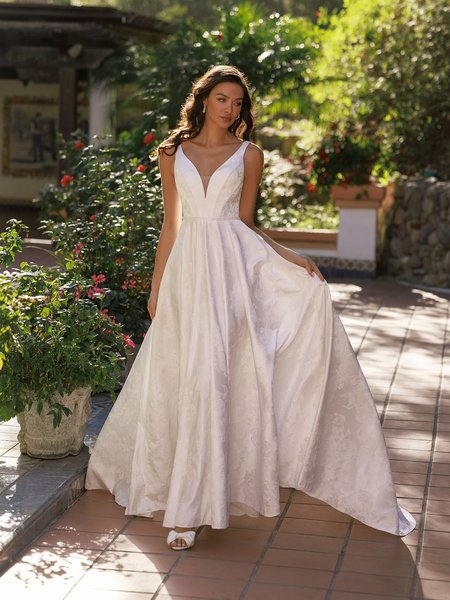 Style ARIZONA Deep sweetheart with illusion inset organza brocade A-line with beaded sash