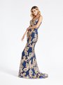 ValStefani 3947RD alluring sleeveless mermaid formal gown with gold sequin embroidery leaf net over navy sparkle tulle fabric ValStefani 3947RD alluring sleeveless mermaid formal gown with gold sequin embroidery leaf net over navy sparkle tulle fabric